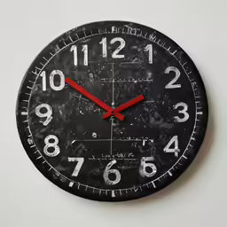 a clock with red hands and numbers on it