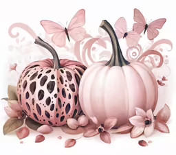 two pumpkins and a butterfly are sitting next to each other