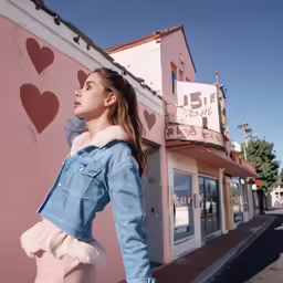 a woman in denim is looking away from the camera