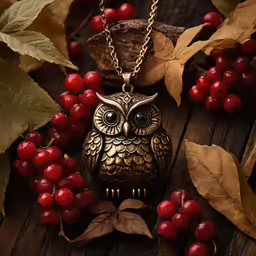 a gold owl pendant sitting on a table
