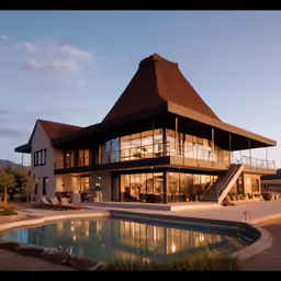 the pool and patio in front of a house