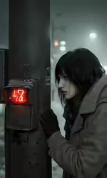 a woman is standing by a pole with the time 7 14