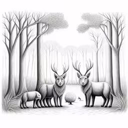 three deer standing in a forest on a snowy day