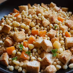 a bowl of chopped vegetables with tofu and carrots