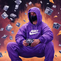 a man wearing a face mask sitting on a box while holding a camera,a man in purple jumpsuit sitting and holding a camera