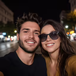 two smiling young people standing on a street side