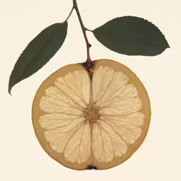 an orange cut in half with leaves on a branch