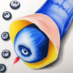 a colorful drawing of a blue, yellow and red object