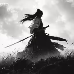 a person holding two spears and walking through some grass