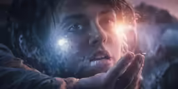 a young girl looks at the light shining through her hand