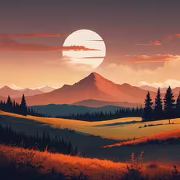 the sun is setting over the mountain range,the sun setting over mountains and trees in the background
