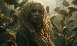 a woman with long blonde hair stands in the jungle