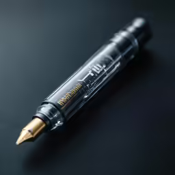 a pen with its tip pointed up on a black background