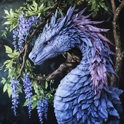 a blue dragon statue sits on a branch with purple flowers