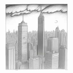 drawing of the manhattan skyline, drawing of the building below,a pencil drawing of two tall buildings