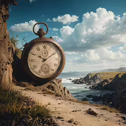 an old stopwatch on the side of a road next to water