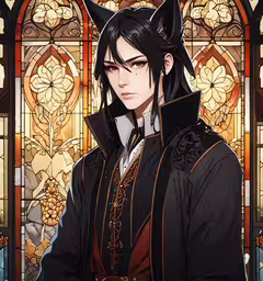 an anime character in front of stained glass,a young man in front of a stained glass window