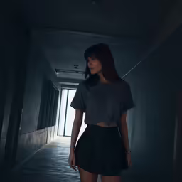 a woman is walking in an dimly lit hallway