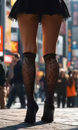 a women wearing short skirts and knee high socks