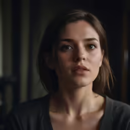 a woman is looking straight ahead in a dark room