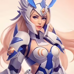 a woman in an armor outfit with long blonde hair