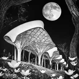 a large building that has a big moon above it