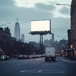 an empty city street with billboards overhead