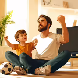 a father and son are relaxing at home