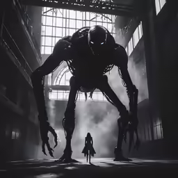 a giant alien monster standing in a building next to a girl