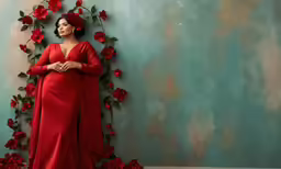 a lady with black hair, wearing a red evening dress, and flowers around her neck