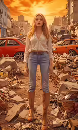a young woman is posing in a very old city with rubble on the ground