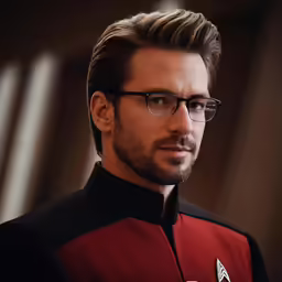 a young man in star trek is wearing glasses