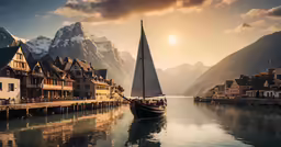 the sun is rising over a lake with buildings on the water