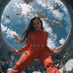 a woman in an orange jumpsuit and birds in the sky