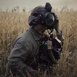 the man is in a field taking pictures with his camera