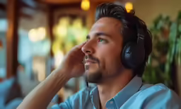 man sitting at table listening to headphones on his ears