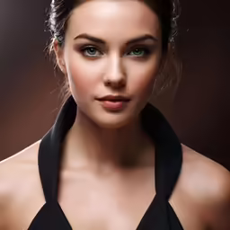 a model is wearing an open neck black top and dark jewelry