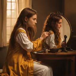 two woman looking into the mirror while sitting on top of a table