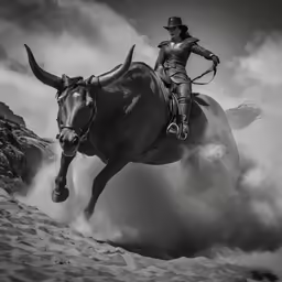 a black and white photo of a man riding a horse