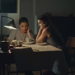 the two people are sitting at the table