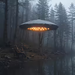 an umbrella stands in the woods by a lake