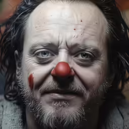 a man with a clown nose and long hair