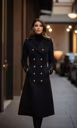 a woman is posing on the sidewalk in a coat