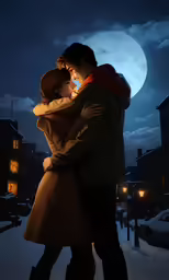 the kiss is in the air and a man in a coat is standing next to a woman who has her arms around her