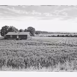 a black and white photo of a farm and a house