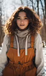 a woman with red hair and brown overalls standing in snow