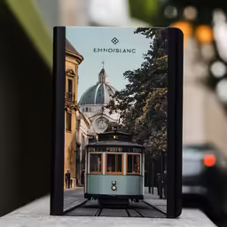 a black book with a white photo on it