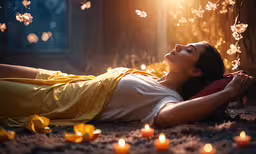 woman in white shirt laying on ground surrounded by candles,the woman is laying down next to some candles