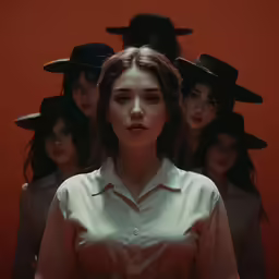 several girls stand in front of an orange wall