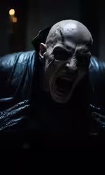a demonic face man is shown in a dimly lit room